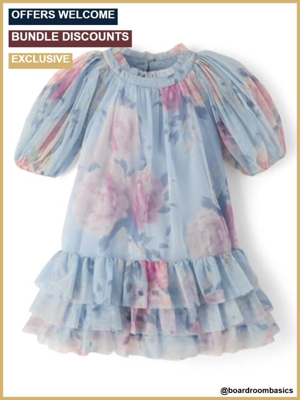 Girls Toddler Floral Mesh Dressy Dress Balloon Sleeves Ruffled Party Dress